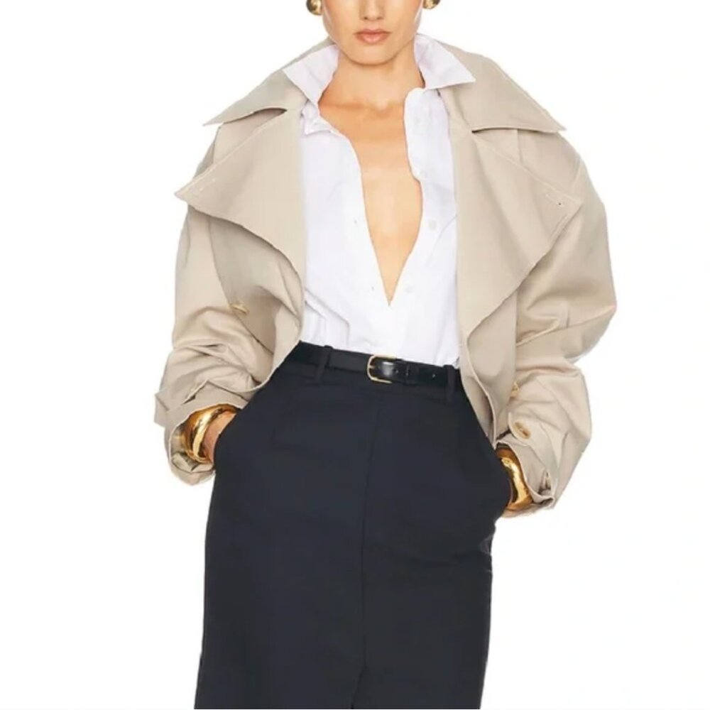 BEST Helsa Oversized Cropped Trench Coat Jacket XSmall Chino Khaki Quiet Lux - Picture 5 of 12
